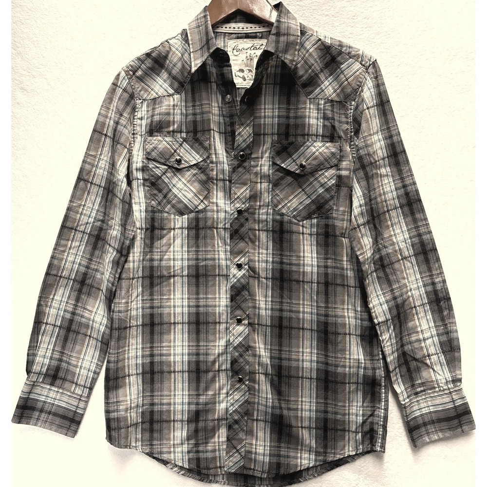 Coastal Western Plaid Long Sleeve‎ Pearl Snap Shirt Men's S Gray Blue